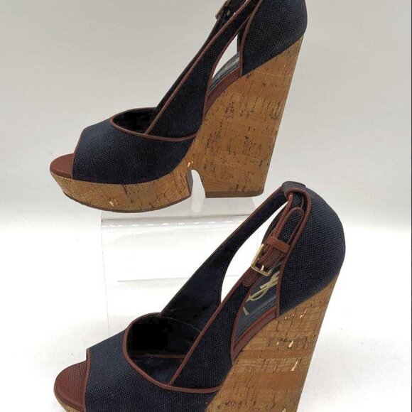 Yves Saint Laurent Navy Canvas Cork Platform Wedge Heels – Women’s Size 7 - Picture 5 of 9